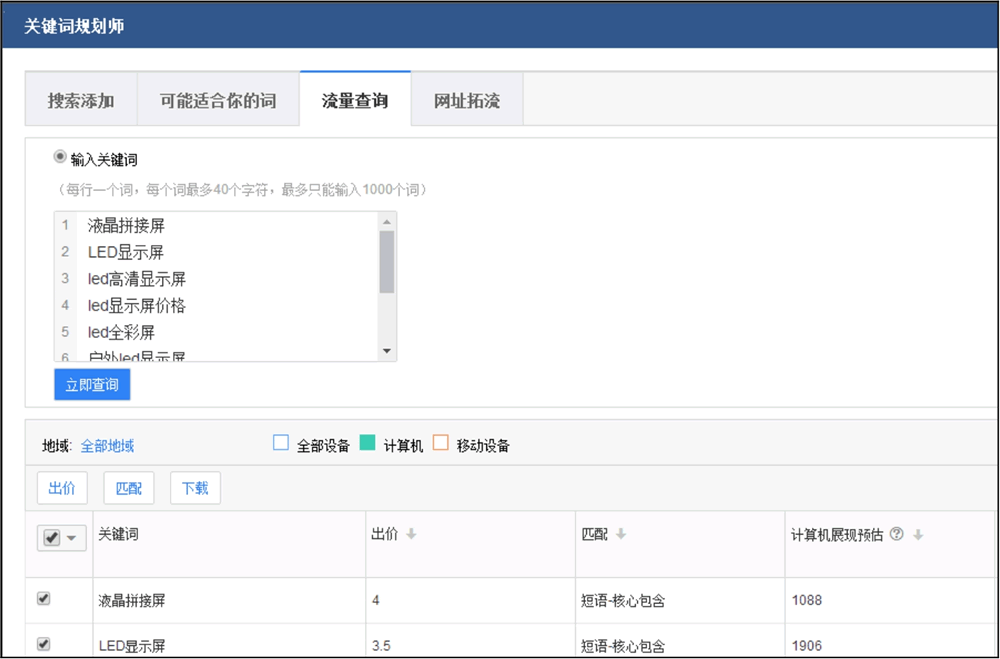 百度关键词流量估算工具显示的相关关键词竞价价格及预估展现流量